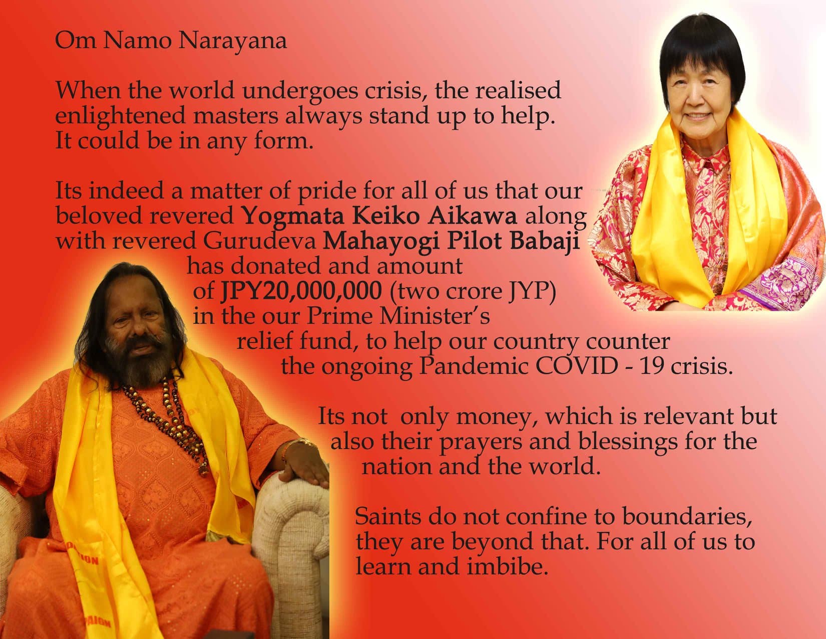 Mahayogi Pilot Baba and Yogmata Keiko Aikawa have donated in PM CARES Fund for COVID-19 pandemic